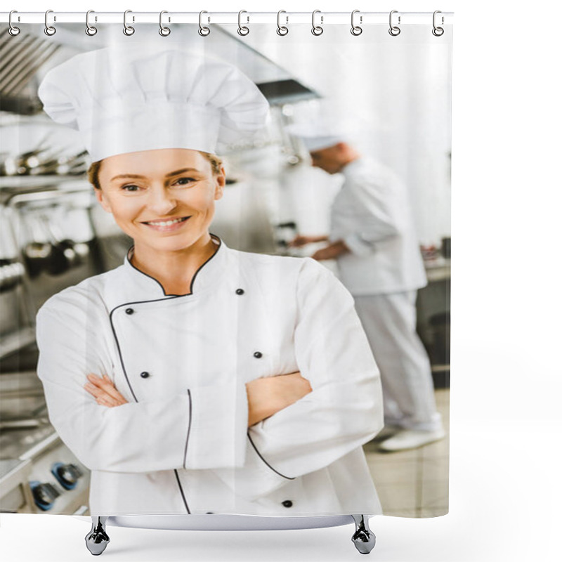 Personality  Beautiful Smiling Female Chef In Uniform With Arms Crossed Looking At Camera In Restaurant Kitchen Shower Curtains