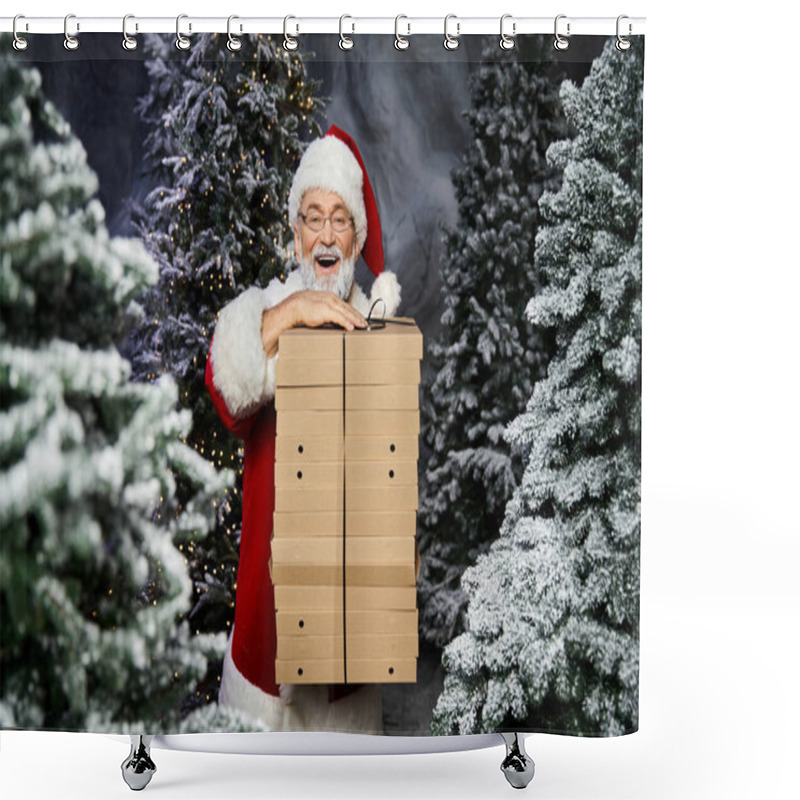 Personality  Santa Claus Smiles Widely While Carrying A Tall Stack Of Boxes In A Winter Wonderland. Shower Curtains