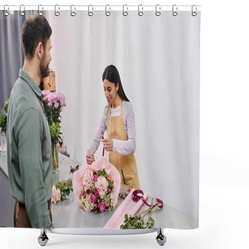 Personality  A Talented Florist Designs A Stunning Bouquet While Interacting With A Male Customer In The Shop. Shower Curtains