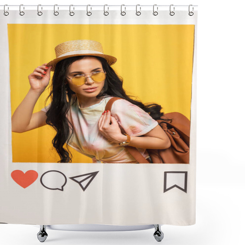 Personality  Brunette Girl In Summer Outfit In Social Network Frame On Yellow Background Shower Curtains