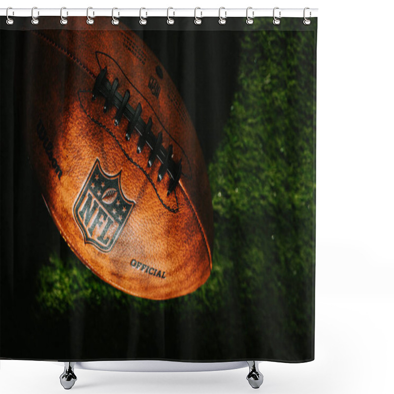 Personality  NEW YORK, USA, SEPTEMBER 11, 2023: Detailed View Of The NFL Leather Ball On The Green Field, Covered By Evening Light And Shadow. Illustrative Photo, Black Edit Space Shower Curtains