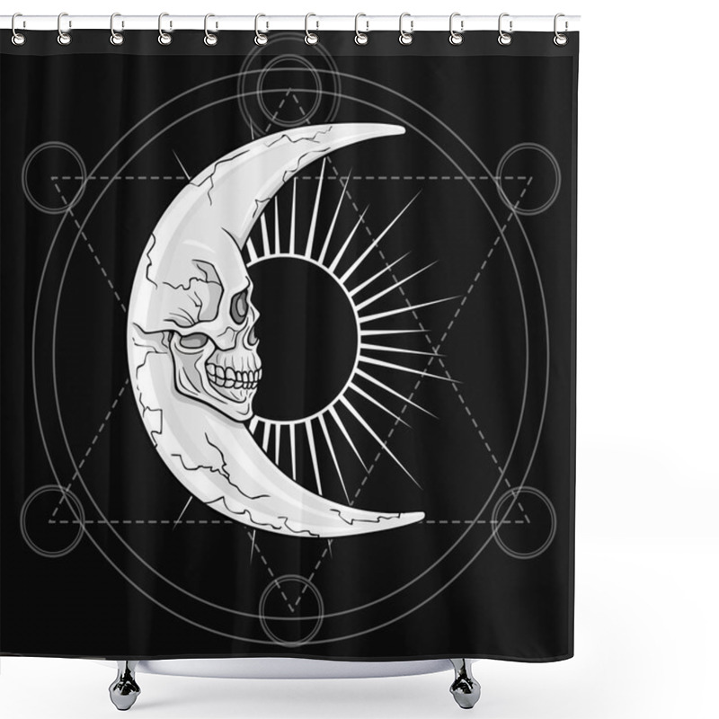 Personality  Fantastic Moon In The Form Of A Human Skull. Esoteric Symbol, Sacred Geometry. The Monochrome Drawing Isolated On A Dark Gray Background. Vector Illustration. Print, Posters, T-shirt, Textiles. Shower Curtains