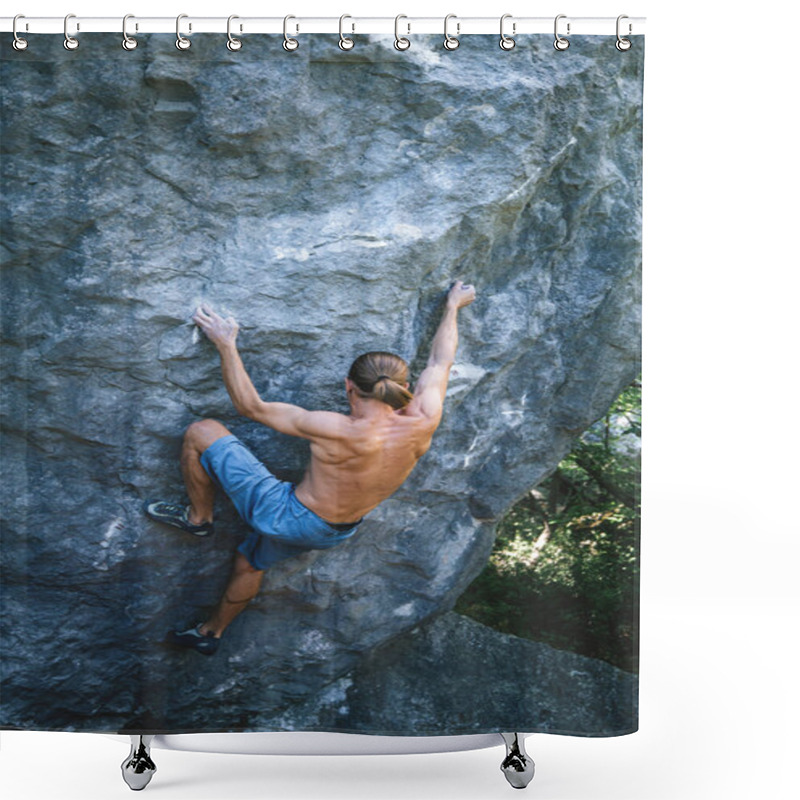 Personality  Man Climbing Boulder. Shower Curtains