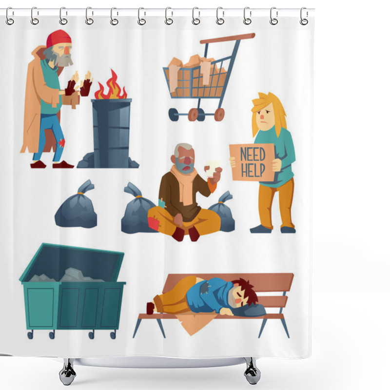 Personality  Homeless Beggars Cartoon Vector Characters Set Shower Curtains