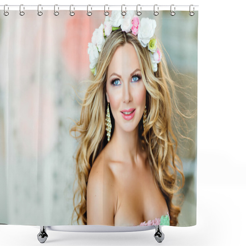 Personality  Very Beautiful And Sensual Blonde Girl, Smiling, With A Wreath O Shower Curtains