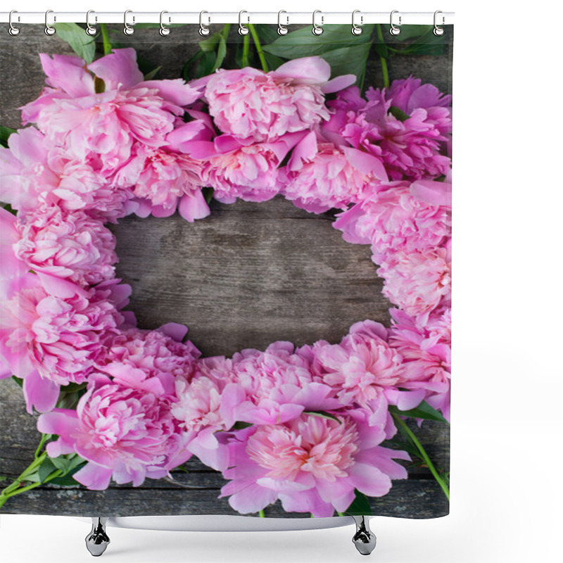 Personality  Peonies Frame On Wooden Background Shower Curtains