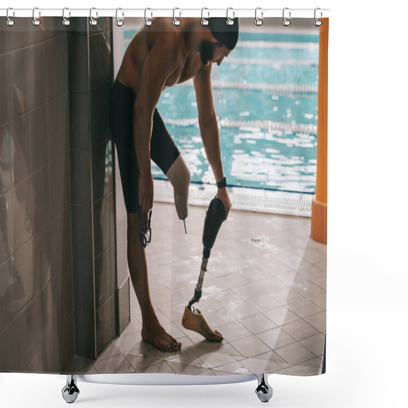 Personality  Handsome Young Swimmer Standing At Poolside Of Indoor Swimming Pool And Taking Off Artificial Leg Shower Curtains