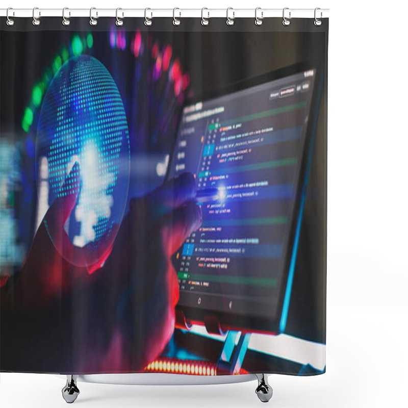 Personality  Computer Monitor With Abstract World Map And Binary Code. Programming Anywhere In The World.Innovative Startup Project. Shower Curtains