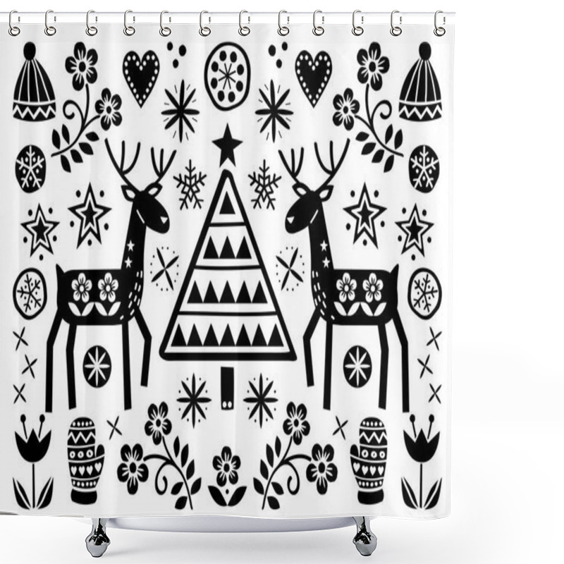 Personality  Christmas Folk Art Greeting Card With Reindeer, Flowers, Xmas Tree And Winter Clothes Pattern In Black On White Background - Merry Christmas Decoration. Cute Scandinavian Style Monochrome Retro Design With Deer, Gloves And Winter Hats - Repetitive  Shower Curtains