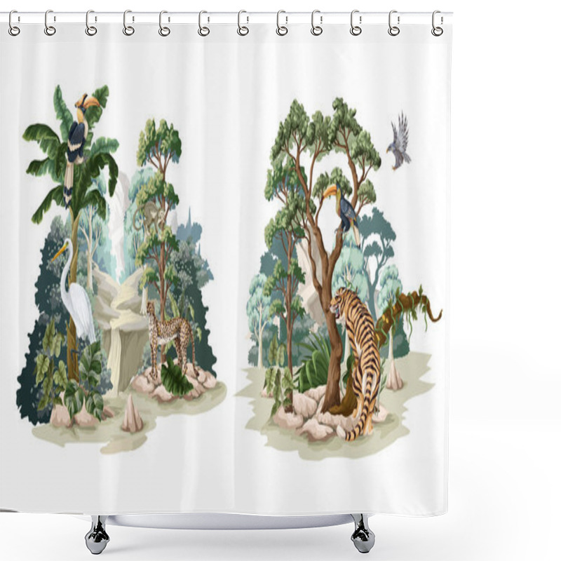 Personality  Jungle Landscape With Animals. Interior Vector Print. Shower Curtains