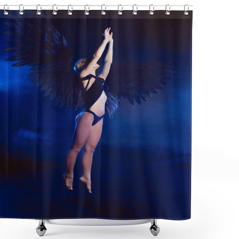 Personality  Sexy Woman With Lace Mask And Black Angel Wings Jumping On Dark Blue Background Shower Curtains