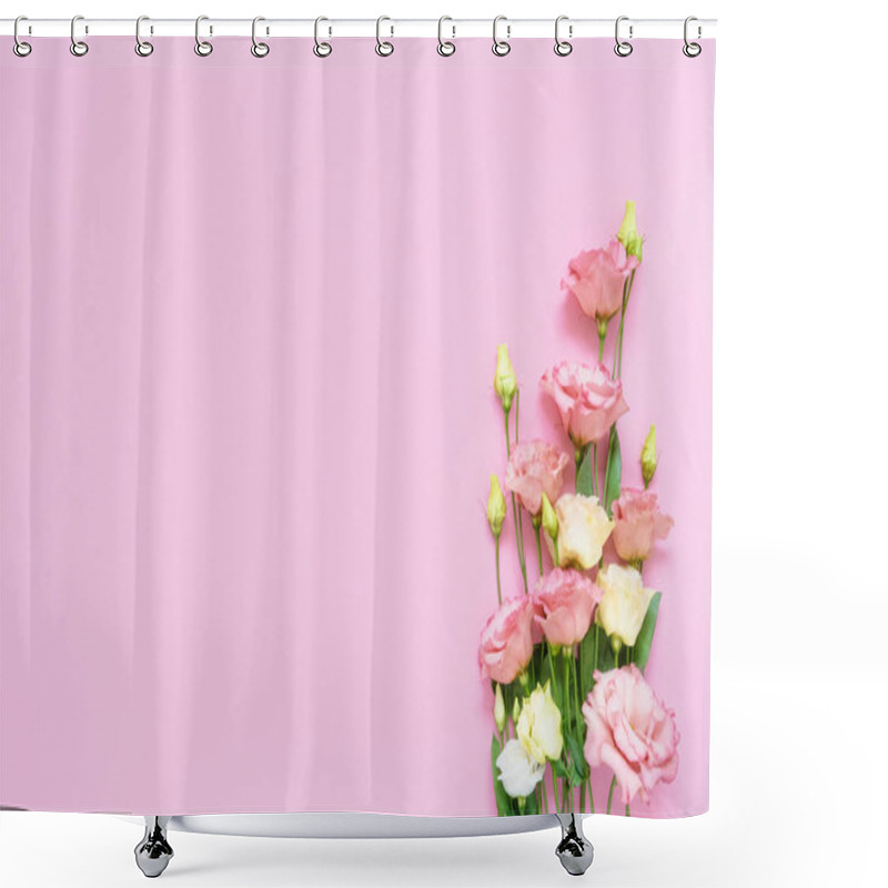 Personality  Pink And White Eustoma Flowers Bouquet On Pink Background. Copy Space, Top View. Flat Lay Of International Women's Day, Birthday, Mothers Day Concept.  Shower Curtains