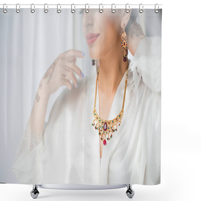 Personality  Partial View Of Young Indian Bride Wearing Necklace On White Shower Curtains