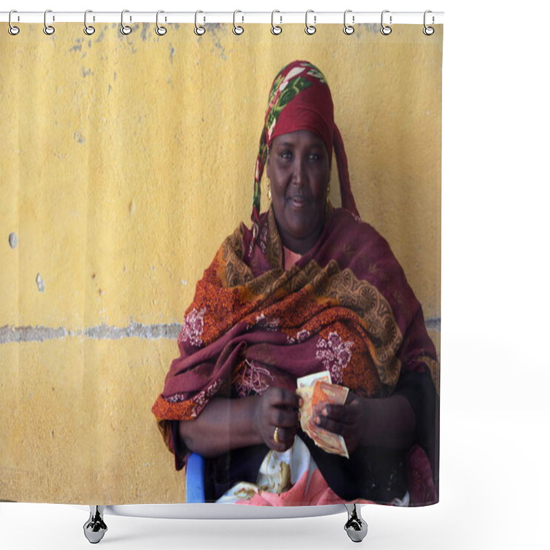 Personality  A Somali Shop Owner Counts Money At Her Shop In Garowe, Puntland State, Somalia, 17 January 2009 Shower Curtains