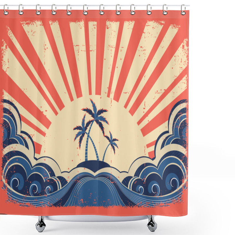 Personality  Paradise Island On Grunge Paper Background With Sun Shower Curtains