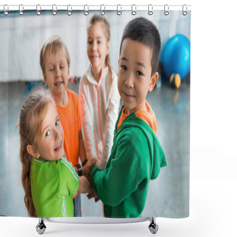 Personality  Selective Focus Of Multicultural Children Standing Together In Circle With United Hands In Gym Shower Curtains