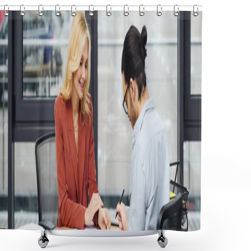 Personality  Two Women Engaged In A Deep Conversation At A Desk. Shower Curtains