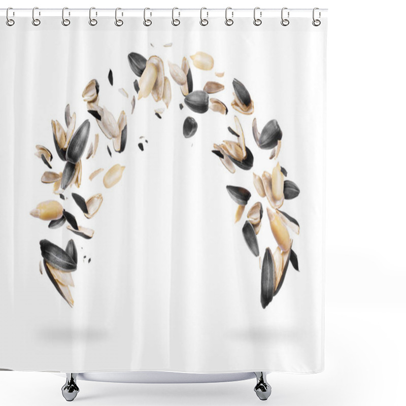 Personality  Peeled Sunflower Seeds Are Frozen In The Air, Isolated On White Background  Shower Curtains