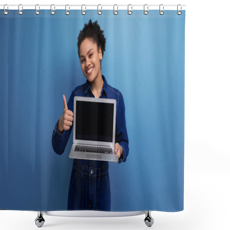 Personality  Slender Young Hispanic Brunette Woman With Fluffy Curly Hair In A Blue Denim Suit Holds An Open Laptop In Her Hands With A Mockup. Shower Curtains