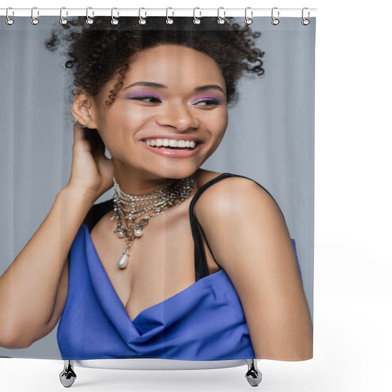 Personality  Happy African American Woman With Purple Eye Shadow Smiling Isolated On Grey Shower Curtains