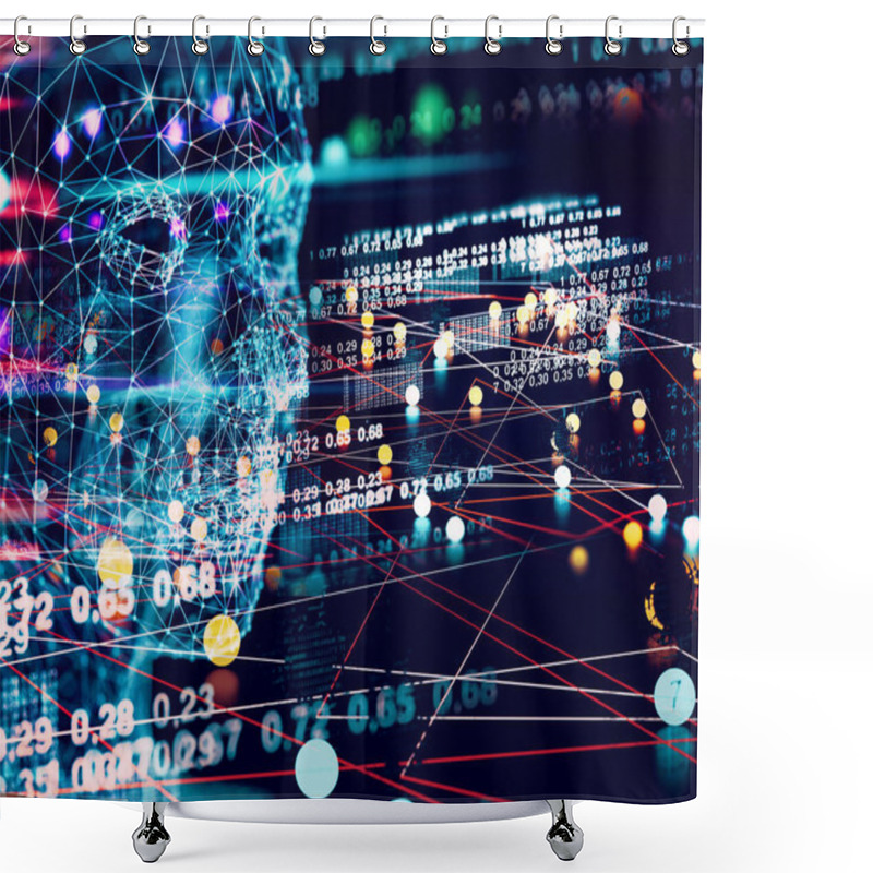 Personality  Algorithm Programming And Artificial Intelligence Concept.Biometrics And Facial Recognition.Abstract Background Of Cyborg Face And Technology.Big Data And Learning Machine.3d Illustration. Shower Curtains