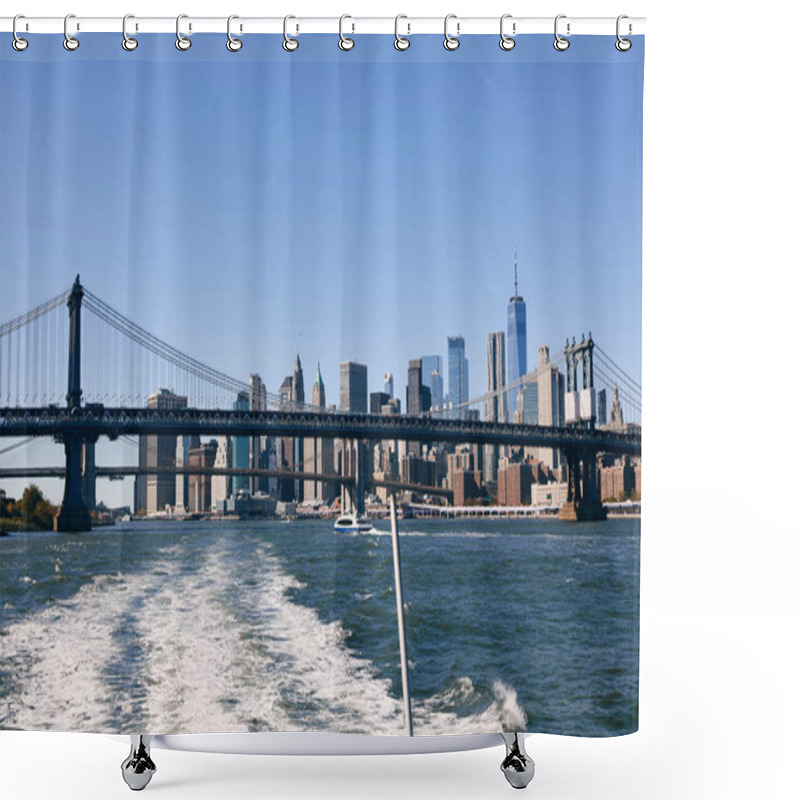 Personality  A View Of The New York City Skyline, Including The Brooklyn Bridge, From A Boat On The East River. Shower Curtains