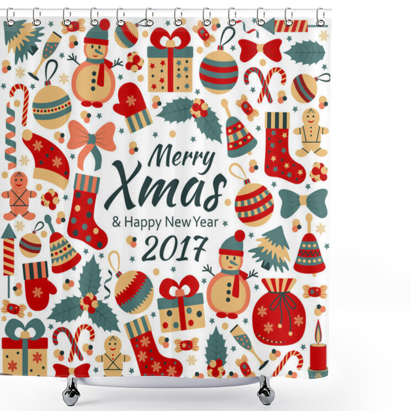 Personality  Christmas Greeting Card With Text Merry Xmas And Many Winter Doodle Toys. Vector Illustration. Shower Curtains