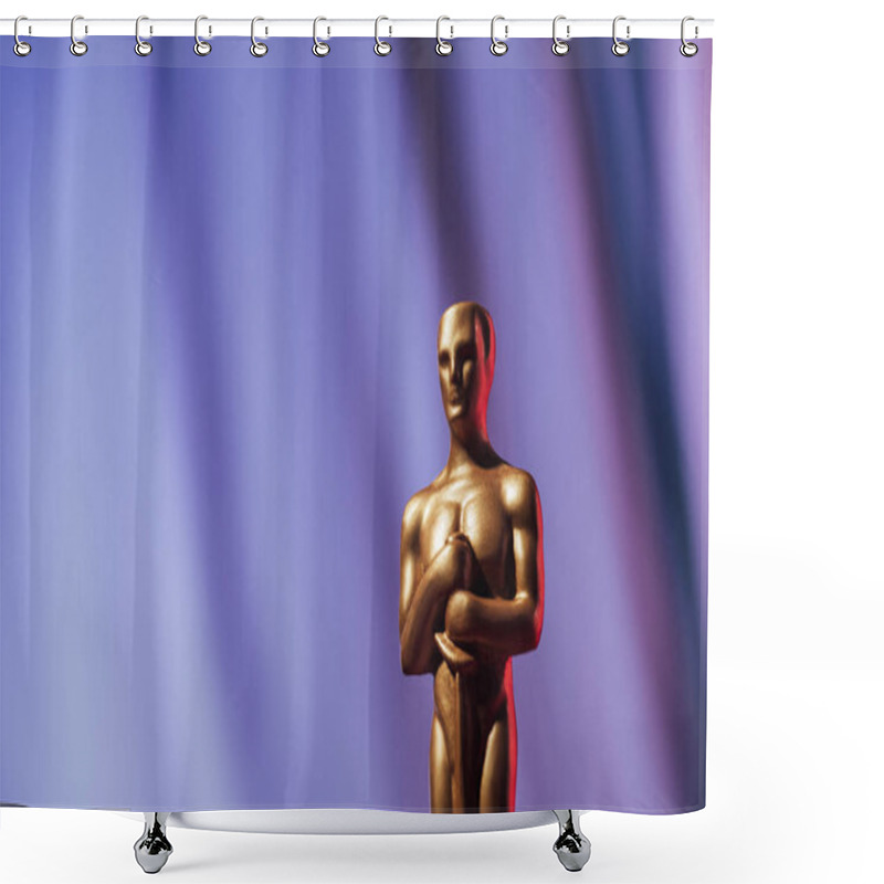 Personality  KYIV, UKRAINE - JANUARY 10, 2019: Golden Oscar Award On Purple Background With Copy Space Shower Curtains