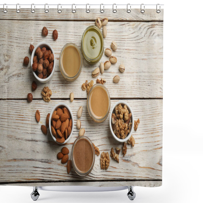 Personality  Jars With Butters Made Of Different Nuts And Ingredients On White Wooden Table, Flat Lay Shower Curtains