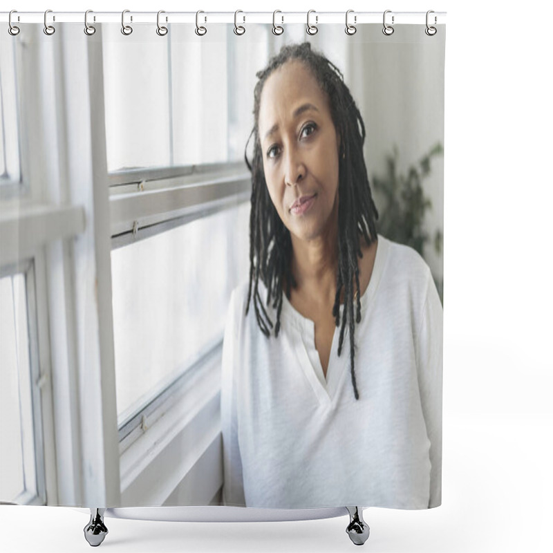 Personality  Portrait Of An African Woman Close To A Window Look Worry Shower Curtains