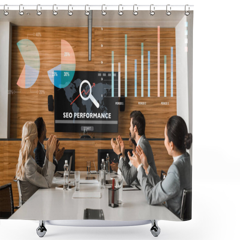 Personality  Young Multicultural Businesspeople Applauding While Sitting In Conference Hall And Looking At Lcd Screen On Wall, Seo Performance Illustration Shower Curtains