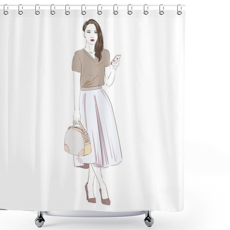 Personality  Beautiful Young Women In A Fashion Retro Clothes Midi Skirt With Bag On High Heels Holds The Smartphone. Vector Hand Drawn Illustration. Shower Curtains