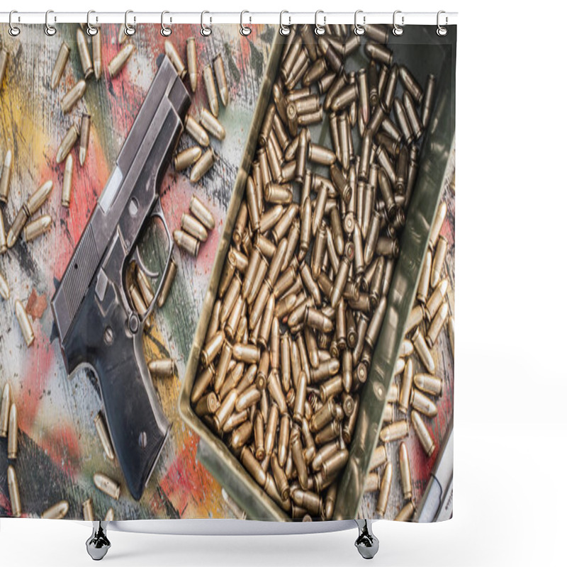 Personality  Top View Of Gun And Ammunition Box On The Table. Bullets For Pistol In Shooting Range Shower Curtains