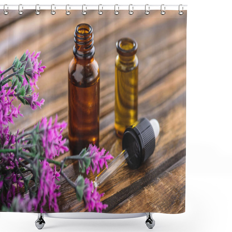 Personality  Bottles With Essential Oils, Dropper And Heather Plant On Wooden Surface Shower Curtains