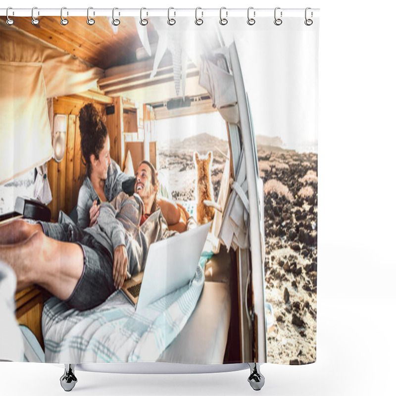 Personality  Hipster Couple With Dog Traveling Together On Retro Mini Van Transport - Digital Nomad Concept With Indie People On Minivan Romantic Trip Working At Laptop Pc In Relax Moment - Warm Contrast Filter Shower Curtains