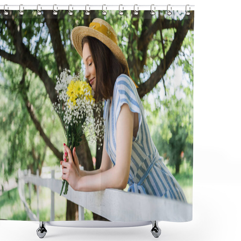 Personality  Side View Of Young Woman In Sun Hat Smelling Flowers In Park  Shower Curtains