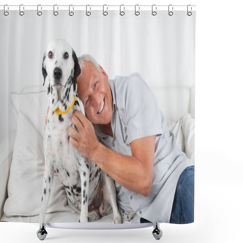 Personality  Senior Man Sitting With His Pet Dog Shower Curtains