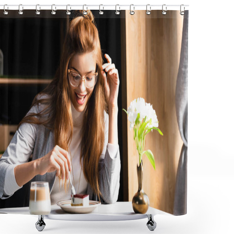 Personality  Cheerful Woman Eating Cake With Coffee In Cafe With Flowers In Vase  Shower Curtains