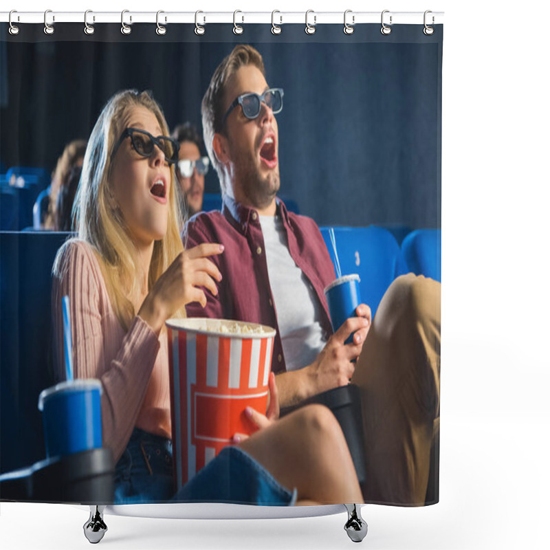 Personality  Shocked Couple In 3d Glasses With Popcorn Watching Film Together In Cinema Shower Curtains