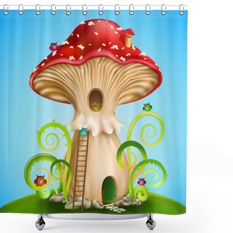 Personality  Magic Mushroom. Fairy House Red Mushroom With  Owls On Blue Background. Vector Illustration Shower Curtains