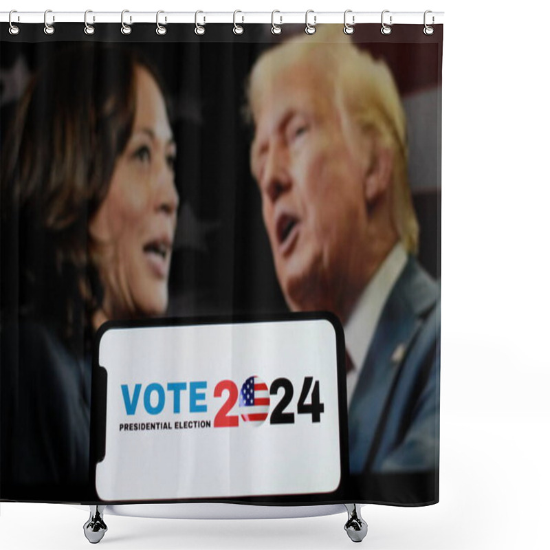 Personality  Indonesia-july 25th 2024.In This Photo The 2024 American Presidential Election Concept,with Donald Trump And Kamala Harris In The Background. Donald Trump Vs Kamala Harris. Shower Curtains