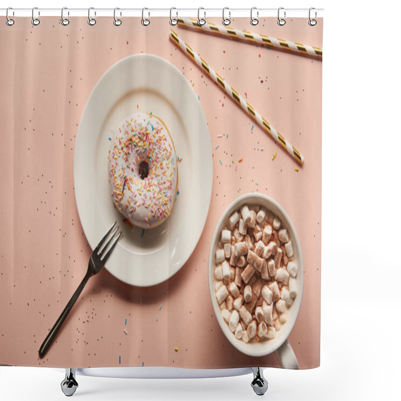 Personality  Top View Of Sweet Cacao With Marshmallows Near Donut On Pink Background  Shower Curtains