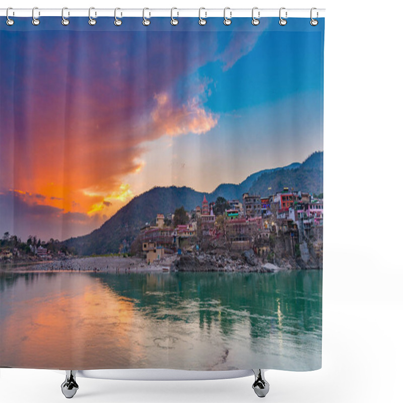 Personality  Dusk Time At Rishikesh, Holy Town And Travel Destination In India. Colorful Sky And Clouds Reflecting Over The Ganges River.  Shower Curtains