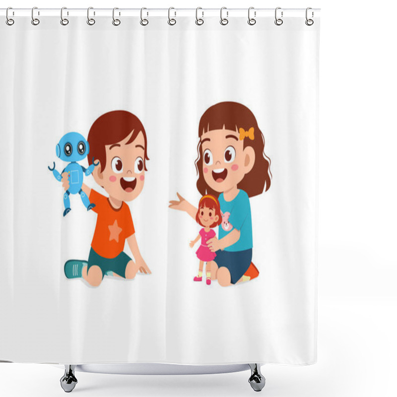 Personality  Two Kids Boy And Girl Play Robot And Doll Together Shower Curtains