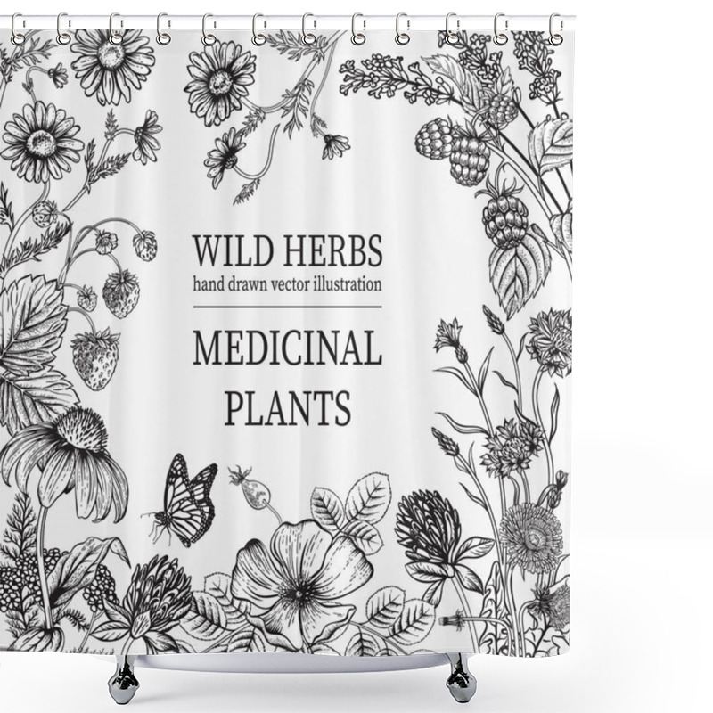 Personality  Wild Flowers. Herbal Tea. Vector Illustration. Shower Curtains