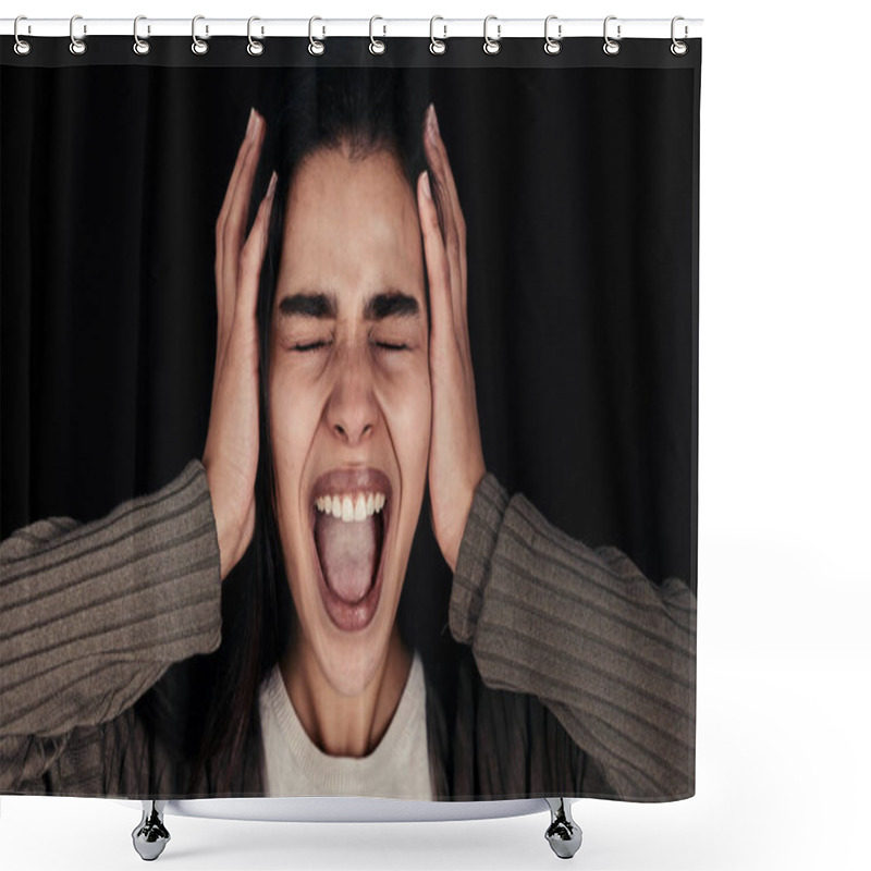 Personality  Frustrated, Scream And Stress, Black Woman With Face And Anxiety, Mental Health Problem Against Black Studio Background. Emotion, Screaming And Depression, Lose Control And Pain Expression Shower Curtains