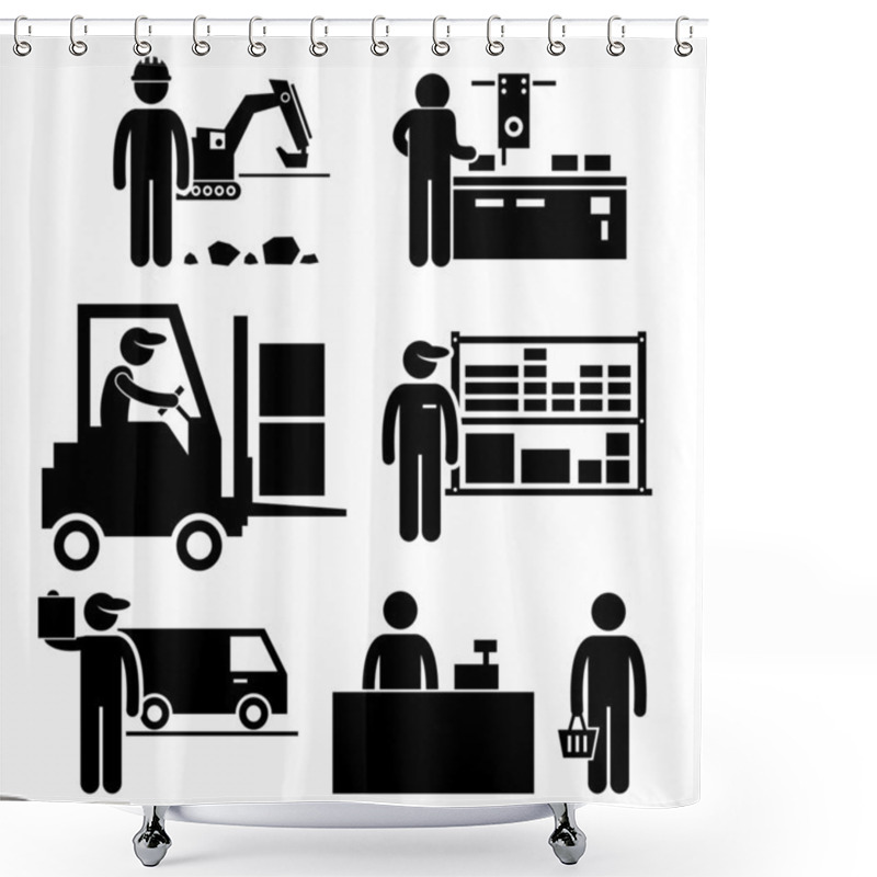 Personality  Business Ecosystem Between Manufacturer, Distributor, Wholesaler, Retailer, And Consumer Stick Figure Pictogram Icon Shower Curtains