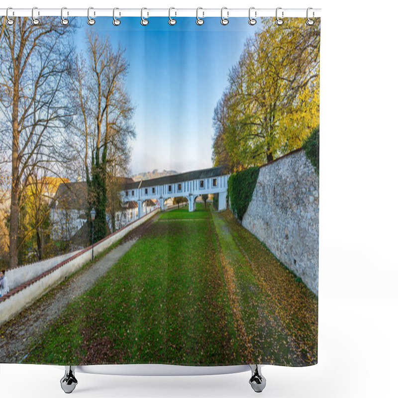 Personality  Covered Bridge From Cesky Krumlov Castle Leading Into The Park, Arching Over A Narrow Alley. The Historic Structure Adds A Touch Of Charm To The Peaceful Surroundings Shower Curtains