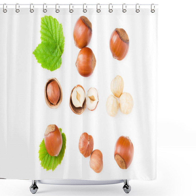 Personality  Hazelnuts With Green Leaf Isolated On White Background. Top View Shower Curtains