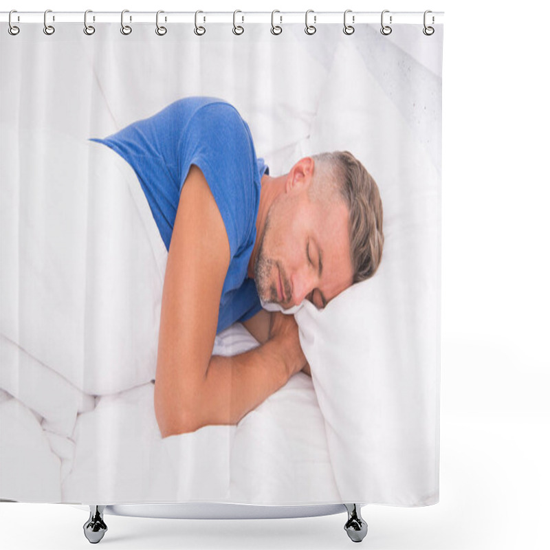 Personality  Relaxed Man. Promote Prevention And Management Of Sleep Disorders. World Sleep Day. Benefits Of Good And Healthy Sleep. Breathe Easily, Sleep Well. Handsome Man In Bed. Sleeping Guy At Home Shower Curtains